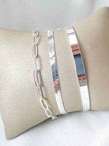 3 Pieces Minimalist Bracelet 925 Silver Plated 18K Gold - 銀色 - 查看 2