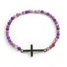 Bracciale da uomo con croce in metallo color acciaio, accessori metallici cool e hardcore con perline di calcedonio rosso cremisi lucido da 4 mm e pietre preziose