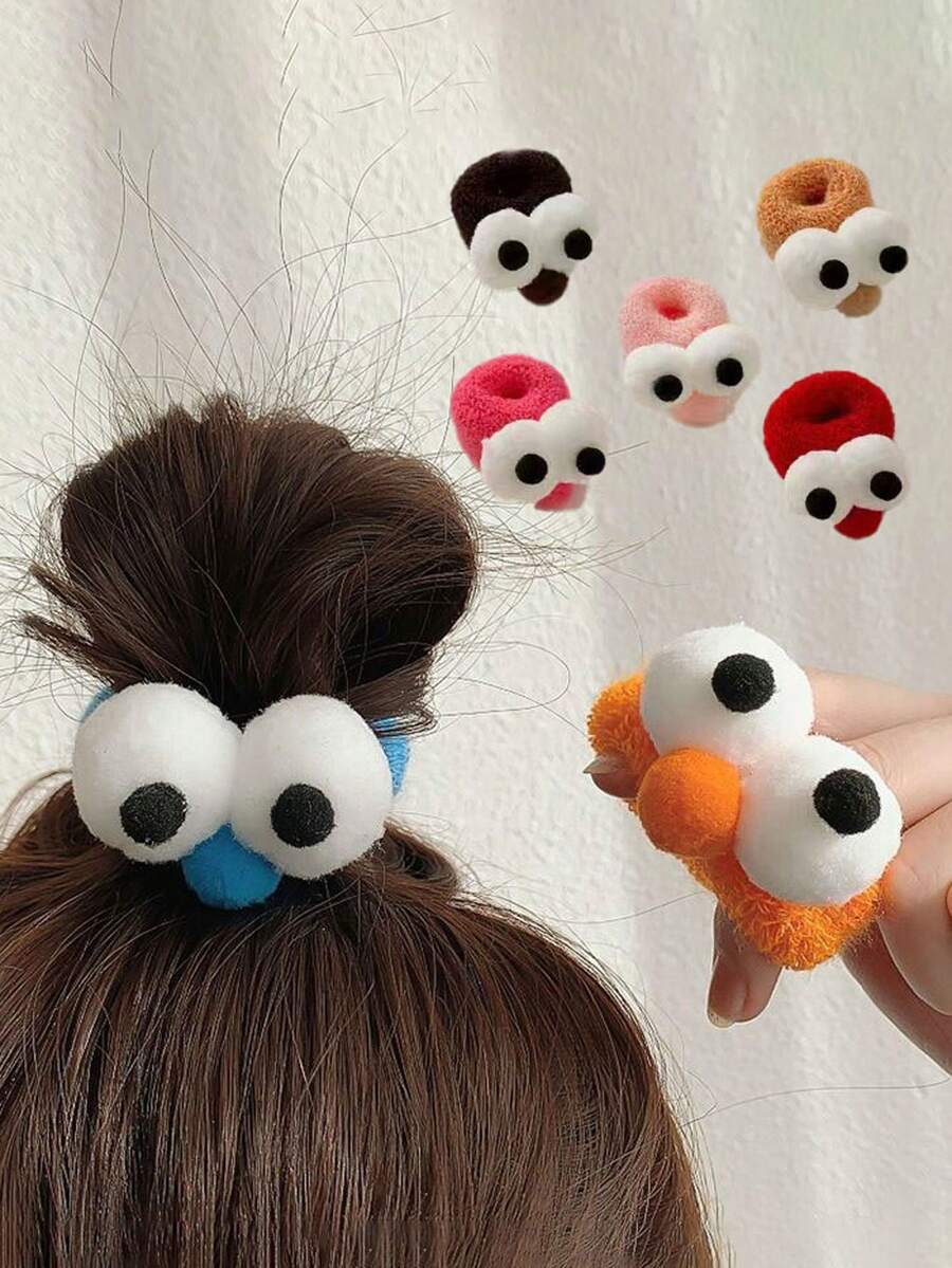 Set de 5 scrunchies de ojos grandes, divertidos y lindos de estilo minimalista y de colores caramelo, con alta elasticidad, adecuados para todo tipo de cabello y ocasiones como el hogar, salidas, viajes y trabajo, un accesorio ideal para mujeres y un regalo perfecto - Multicolor - Ver 1