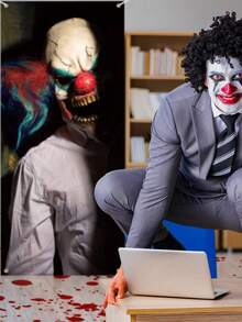 万圣节小丑装饰恐怖鬼门帘 - 怪异窗贴车库门背景墙纸贴纸万圣节派对礼物家居装饰 - 彩色 - 查看 5