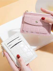 Candy Color Crocodile Texture Card Holder Short Stone Texture Coin Purse Multi-Function Coin Pouch Zipper Snap Closure Multi-Card Slots Card Holder Coin Wallet For Women Mini Wallet Small Wallet Card Wallet Gifts For Women Funny Gifts Teacher Gifts