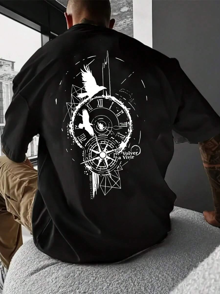 On The Back Unique "Eagle And Clock" Graphic Design Pattern Print Round Collar Short Sleeve T-Shirt Top Comfortable Breathable Fabric Leisure Sports Style Men's 100% Cotton Street Wear T-Shirt (Choose A Larger Size To Get A Loose Effect)