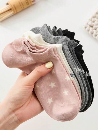 3/5 pares de calcetines de tobillo para mujer con estampado de estrella de unicolor, adecuados para uso diario, todas las estaciones, entrega aleatoria