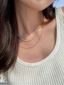 Nooxian 2pcs Stainless Steel Minimalist Casual Gold-Color Chain Necklace For Women - Yellow Gold - View 7
