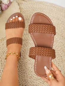 Dép xỏ ngón đế bằng đế bằng xỏ ngón cho nữ, dép xỏ ngón mũi tròn chống trượt, dép xỏ ngón đế bằng ngoài trời cho nữ - màu nâu - Xem 3