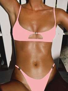 New Fashionable Sexy Strap Tie Metallic Decor Solid Color Women's Bikini Swimwear Set - Baby Pink - View 6