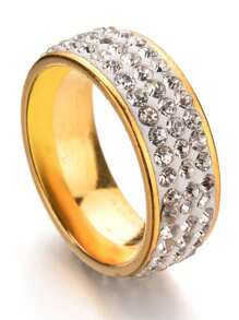 1 件永久不褪色格子水钻金色不锈钢戒指，情侣首饰，男友生日礼物