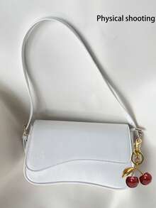 1 件 PU 皮革女士单肩包，白色紧凑型方形包，多功能皮革小手提包，Y2K 宝贝包，腋下单肩包，时尚斜挎包，配有樱桃吊饰 - 白色 - 查看 2