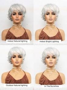 巴西假发 8 英寸短直分层灰色假发，适合派对、母亲节和休闲装的自然造型，派对配饰，天然假发。 - 灰色 - 查看 10