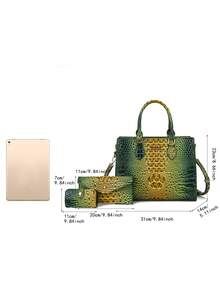 3-Piece Set: Colorful Crocodile Pattern Large Capacity Faux Leather Tote & Crossbody Bags With Matching Wallet Combo - 7#黃+綠色 已選中 - 查看 8