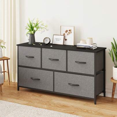  Advwin Chest Of 5 Drawers Lowboy Clothes Storage Cabinet Fabric Tower Dresser Organizer Grey