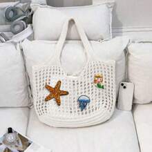 Starfish Pattern Hollow-Out Solid Color Large Capacity Tote Bag, Adorable Marine Life Mermaid, Seashell, Jellyfish Pattern Sequin Embroidery Sequins Decoration Summer Beach Bag, Mesh Multi-Functional Commuter Bag, Crochet Hobo Bag, Y2K Shoulder Bag, Gift For Women, Suitable For Leisure, Vacation, Beach