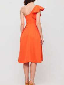 CEYLEN Women's Solid Color One Shoulder Ruffle Sleeve Elegant Mid-Length Dress - Burnt Orange - View 3