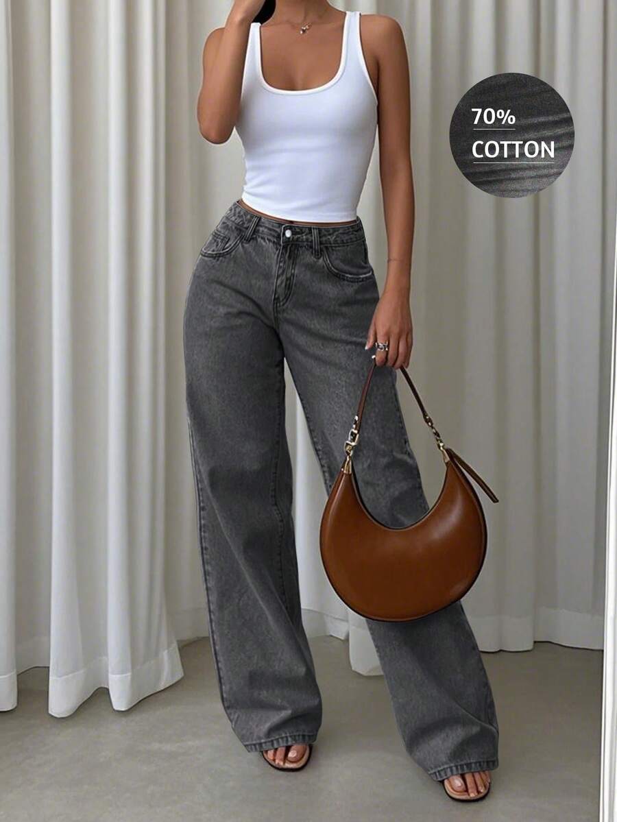 复古蓝色宽松阔腿牛仔裤，新款休闲直筒裤，适合度假、节日、牛仔套装、牛仔裤、长裤、外出等场合，女士牛仔裤，女士牛仔套装，女士牛仔裤，下装 - 黑色 - 查看 1