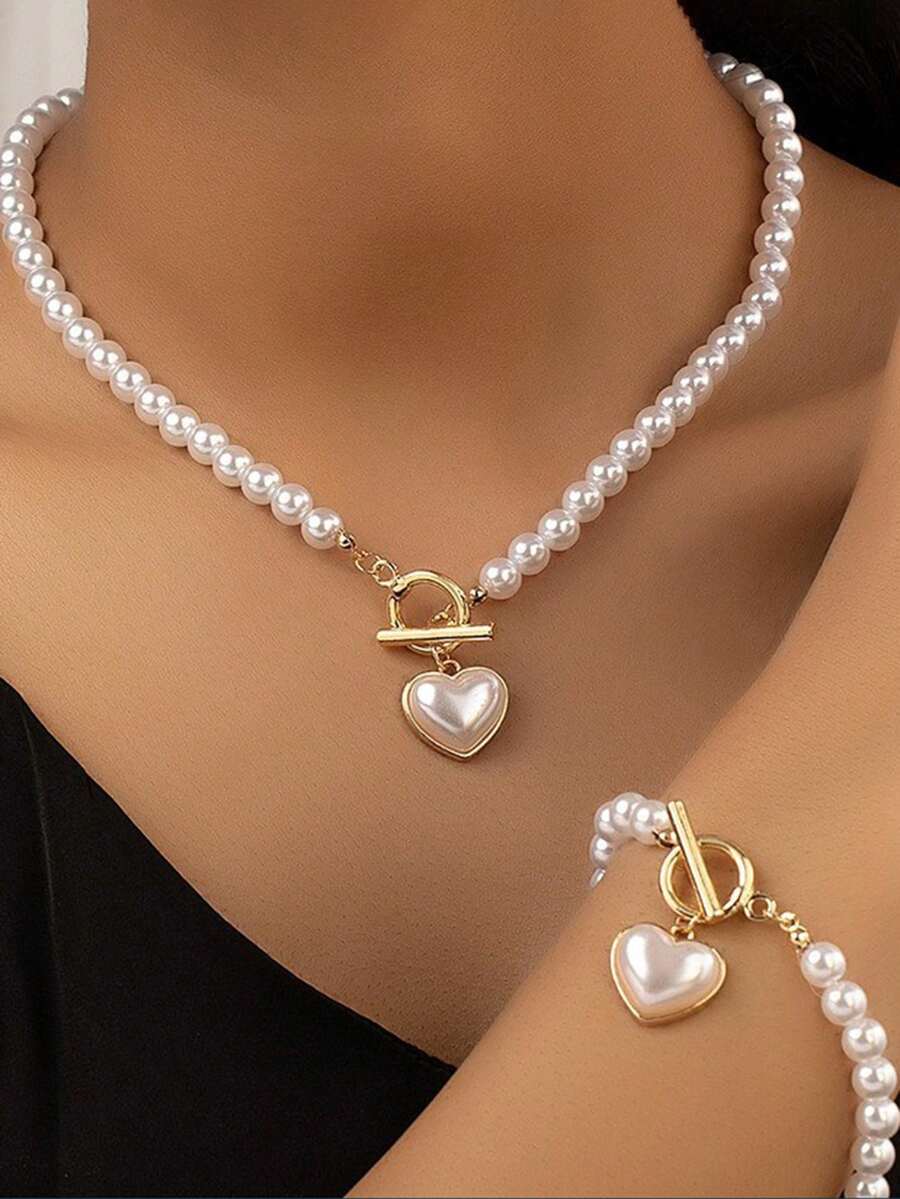 2 pezzi/Set Gioielli da donna, Set Collana e Braccialetto con Ciondolo a Forma di Cuore e Perle, Stile Bohémien, Adatto per Spiaggia, Feste, Uso Quotidiano Casual - Bianco - Visualizzare 1