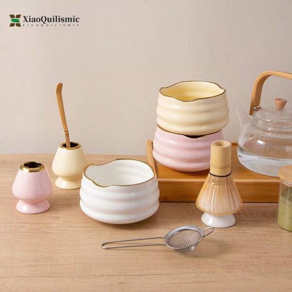 Ensemble de 5 pièces Set Bol à Matcha Japonais, Support pour Fouet à Matcha, Fouet à Matcha en Bambou, Bol avec Bec Verseur, Passoire à Matcha et Cuillère, Set à Matcha, Cadeau pour Amateurs de Matcha (Disponible en Rose, Jaune, Blanc), Set à Thé Matcha Traditionnel, Cadeau de Cérémonie du Thé