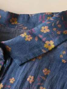 Damen Große Größen Kleinteiliges Blumen Muster Kurzarm Leinenbluse mit Mandarinskragen Künstlerisches Top für Petite, Sommer Leinen Damen Rock, Altes Geld, Boho Rock - Blau - Übersicht 7