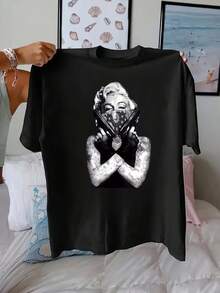 1pc Camiseta de Mujer Estilo Y2K, Top de Cuello Redondo de Poliéster con Impresión Gráfica de Figura Hip Hop, Camiseta de Tejido de Manga Corta Casual para Todas las Estaciones - Negro - Ver 3