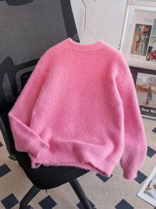 Girls' Street Style Bow Knit Sweater, Faux Fur Trim, Suitable For Casual Wear In Spring, Autumn And Winter