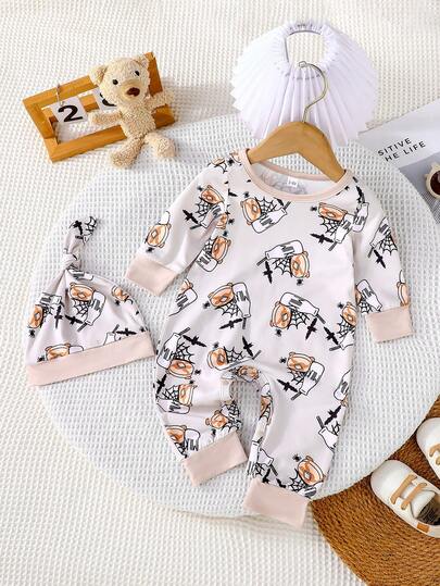 秋冬季男婴休闲舒适印花连体衣+帽子套装