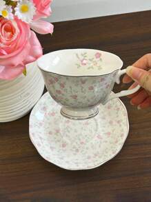 1 set de taza de café y platito de cerámica con pintura dorada retro, con patrón floral rosado pintado a mano, elegante juego de té de la tarde/café, taza de alta calidad para la oficina, regalo para vacaciones o vuelta al colegio