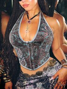 Apperloth A Y2K Vintage Leopard Print V-Neck Boned Grommet Eyelet Front Lace Up Back Halter Corset Shapewear Party Crop Vest Top - 彩色 - 查看 4