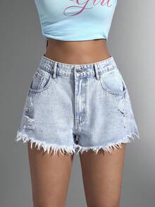 Jeanoix 高腰毛边下摆斜口袋休闲牛仔短裤 - 淺色水洗藍 - 查看 4