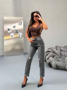 High Waist Knee Laser Ripped Boyfriend Mom Jeans, Solid Color Destroyed Asymmetrical Pockets - Dark Grey - View 2