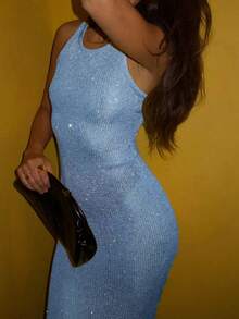 Women's Sexy Cute Casual Elegant Romantic Shiny Midi Dress, See-Through Knit Dress, Beach Cover Up, Party Club Long Dress, Sleeveless Summer Holiday Outfit - Blue - View 9