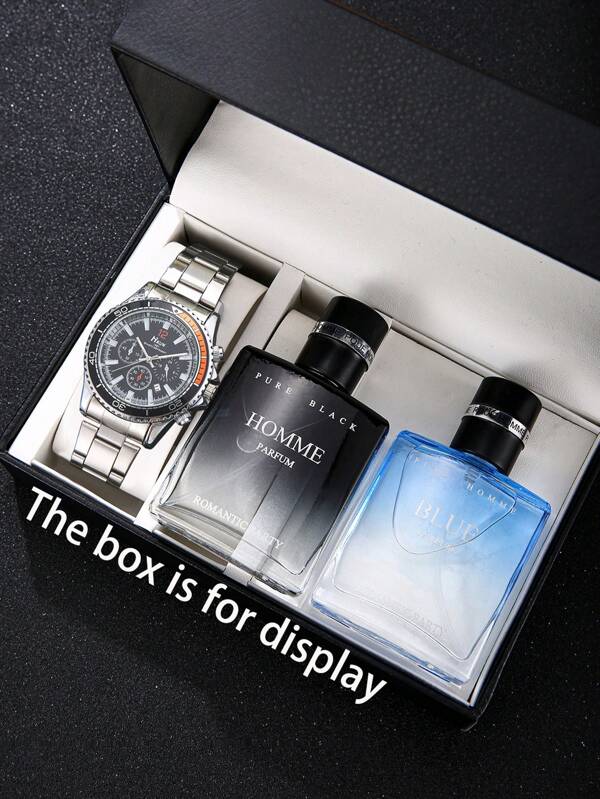 3 pièces Ensemble de montres pour hommes : 1 pièce Montre à quartz grande cadran en acier inoxydable facile à lire + 2 pièces Set de parfums, cadeau parfait pour son anniversaire/fête des pères/Saint-Valentin