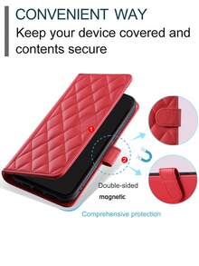 AWQUER 适用于三星Galaxy手机的钱包式翻盖保护套，适用于17E/17Air/16E/16/15/14/13/12/Mini/11 Pro/X/XS Max/XR/8/7/6 Plus/SE（2020/2022款），带信用卡槽，PU皮革材质，国际版，非国内版 - 紅色 - 查看 7