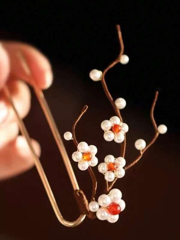 1pc Korean Version Noble And Elegant, Decorative Hair Accessories, White Pearl Plum Metal Material Hairpin Hairpin, Long 16cm Keep Color Is Not Easy To Fall Off Fashionable Elegant Exquisite Ladies Girls Hair Comb, Used To Decorate Hair Daily Pill Head Hair Telescopic Large U-Shaped Hairpin Ladies Girls Hair Accessories Cute Side Comb, Bun Extension, Hair Bun Maker, Bun Hair Piece, Hair Styling Pins, Pins For Hair, Bobby Pins