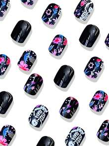 24 Peças Unhas Quadradas Pequenas Flores Multicoloridas Brancas de Esqueleto de Halloween, Unhas Curtas de Verão, Unhas Postiças, Suprimentos de Unhas