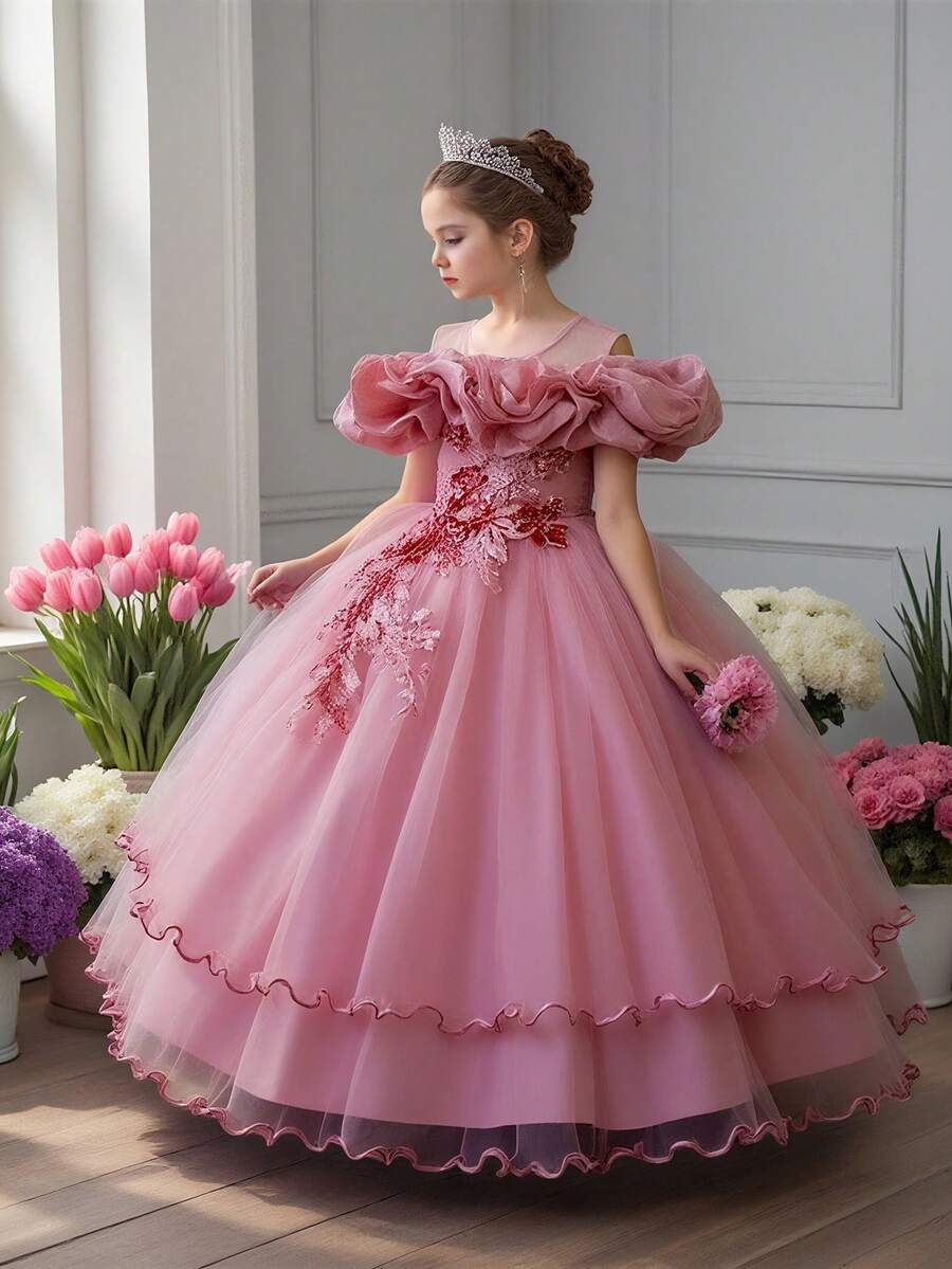 Tween Girls Sequin & Faux Pearl Applique Tulle Puff Party Princess Dress, Suitable For Birthday Celebration, Prom, Faux Pearl Decor, No Headband Included