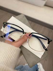 1 Pair Of High-Definition Anti Blue Light Glasses, Retro Men's Transparent Lens Glasses, Fashionable Half Frame Flat Light Glasses - 黑色 - 查看 4