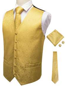 Mens Waistcoat Gold Paisley Vest Tie Handkerchief Cufflinks Set Tuxedo Gilet Wedding Formal Casual - 金色 - 查看 1