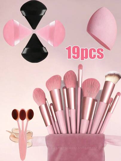 19 Pieces Of Makeup Brush Set (With Drawcord Storage Bag), Including 4 Pieces Of Makeup Powder Puff, Makeup Sponge, Rouge Brush, Foundation Make-Up Brush, Eye Shadow Brush, Contour Brush, Eye Makeup Brush, Soft Hair Makeup Brush, Rouge Brush, Professional Makeup Brush Set, Women's Makeup Brush Set