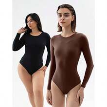 PUMIEY Women's Crew Neck Long Sleeve Bodysuit Secondskin Feel Tops Smoke Cloud Collection - 06Tiramisu - View 6