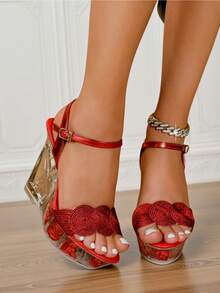 Platform Sandals For Women Sexy Transparent Crystal Open Toe Ankle Strap Wedges Sandals With Rose Summer Party Dancing Pumps Shoes - 紅色 - 查看 3