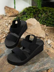 厚底拖鞋新款夏季时尚女式松紧带罗马凉鞋，度假风格黑色拖鞋，沙滩，夏威夷，学生鞋 - 黑色 - 查看 6