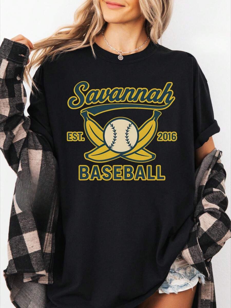Retro Savannah Baseball T-Shirt, Vintage Soft Tee, Unisex Shirt, Banana Fan Gift, Summer Sports Top - 黑色 - 查看 1