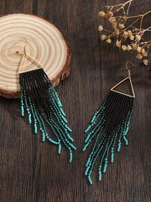 手工制作的 1 对串珠耳环，波西米亚风格耳环，复古金属三角流苏撞色吊坠耳环，黑绿撞色耳环，时尚耳环配饰，适合日常、度假、节日礼物 - 三角黑綠色 - 查看 3
