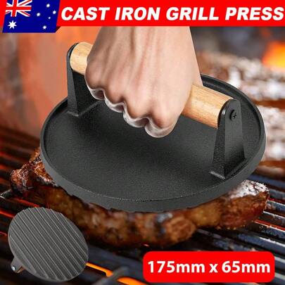 7" Cast Iron Burger Press Making Hamburger Steak Meat Smasher BBQ Grill Utensil