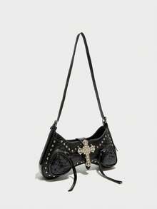 Fashionable Classic Versatile Street Style Y2k Rivet Inlaid Design Spicy Girl Bag, Zipper Opening Motorcycle Style Single Shoulder Baguette Bag, Suitable For Travel, Shopping, Matching With Clothing, Party And Party Use - Black - View 3