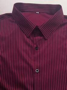 男士时尚商务休闲条纹印花长袖衬衫，秋季 - 酒紅色 - 查看 5