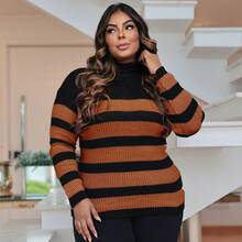 Plus Size Cold Knit Cacharrel Blouse With Thick Stripes And High Neck For Women - 黑色和赤陶色 - 查看 3