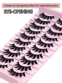 10 对动漫猫眼蓬松假睫毛，欧式风格，多件装，可重复使用，D 卷，超浓密，适合派对的专业化妆，戏剧眼妆，初学者也适用 - 黑色 - 查看 2