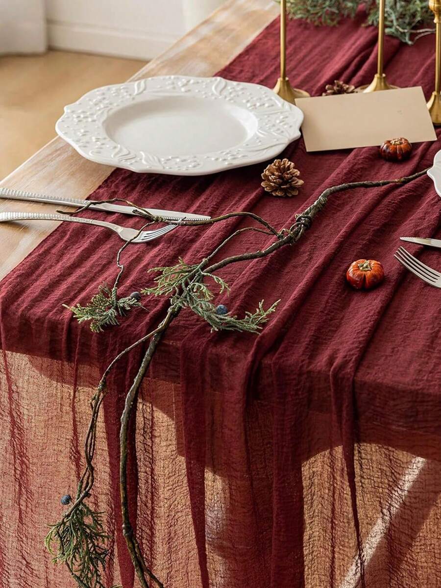 1pc Burgundy Solid Color Table Runner, Party Table Centerpiece Decor Tablecloth, Kitchen Decor Table Cover, DIY Ruffle Table Runner, Birthday Table Runner, Wedding Decor, Wedding Tablecloth, Party Home Decor