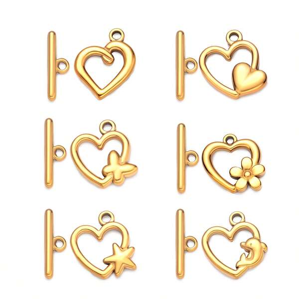 1 buc. Pandantive inimă placate cu aur de 18K din oțel inoxidabil (inimă/fluture/floral/stea de mare/delfin) cu conectori cu încuietoare OT sigure - pentru bijuterii DIY cu coliere și brățări