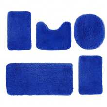 5-Piece Bathroom Rugs Set - Ultra Soft Velvet Fleece Mats, Non-Slip Absorbent Machine Washable, Contour & Toilet Lid Cover, Rectangular Mats For Modern Bathrooms, Thick Pile Foot Massage, Perfect For Bedroom Decor, Tub, Toilet Floor, Shower Room - Màu xanh lam - Xem 4